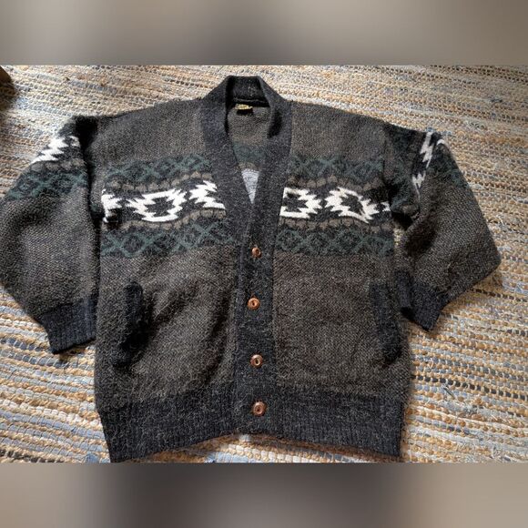 Tejidos Rumiñahui Vtg Wool Cardigan Charcoal Forest Green Southwest Knit Unisex - Picture 2 of 9